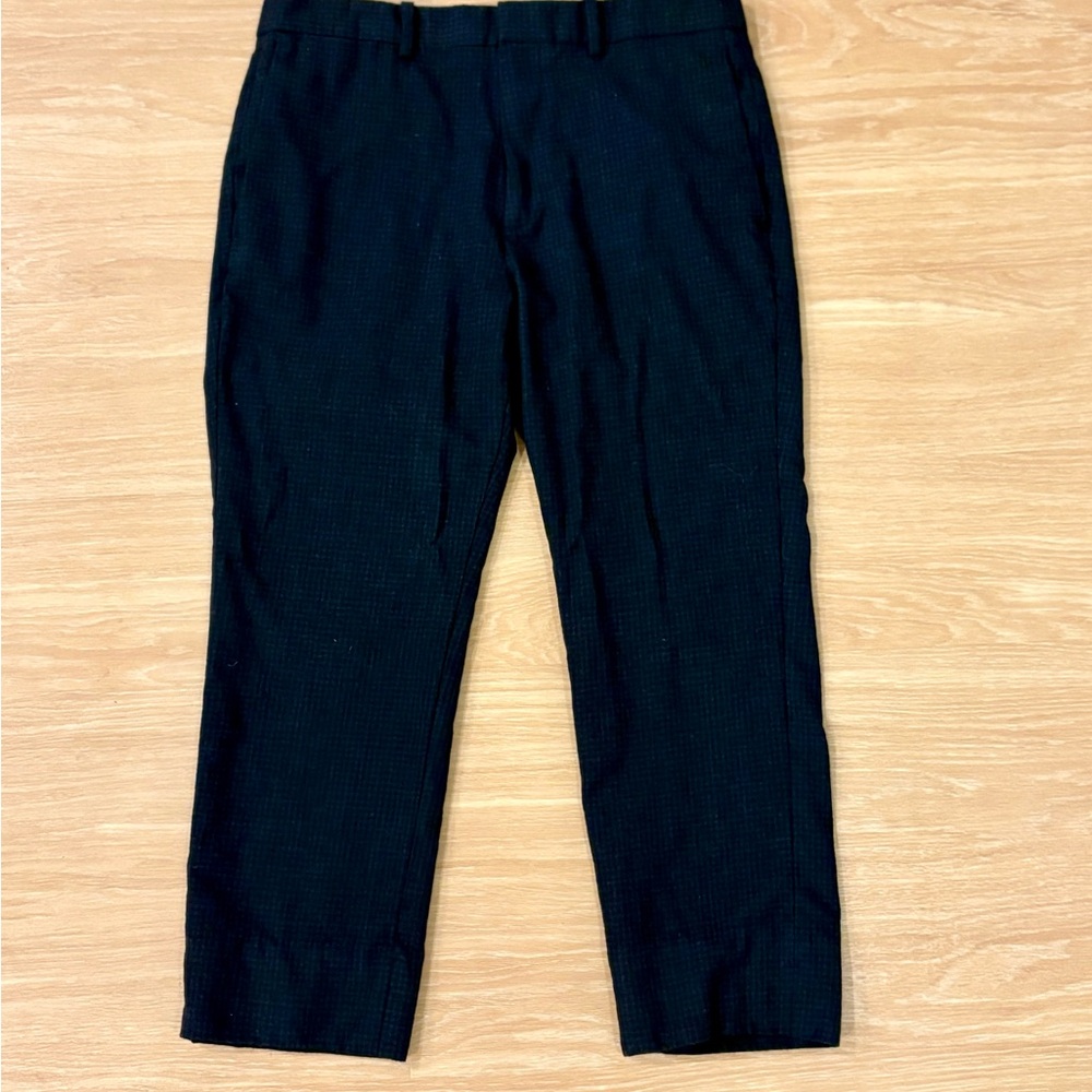 Theory Jake Wool Flannel Micro Check Trousers 31 Navy Black Cropped Tailored